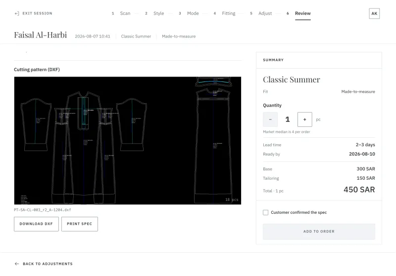 Order spec screen: 18 DXF cutting pattern pieces and the order summary