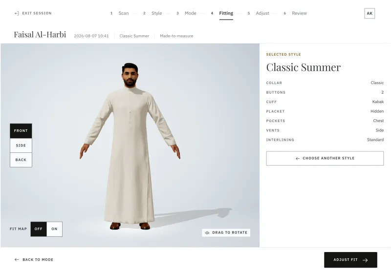 Fitting screen: the thobe on the 3D body, checked from front, side and back before approval