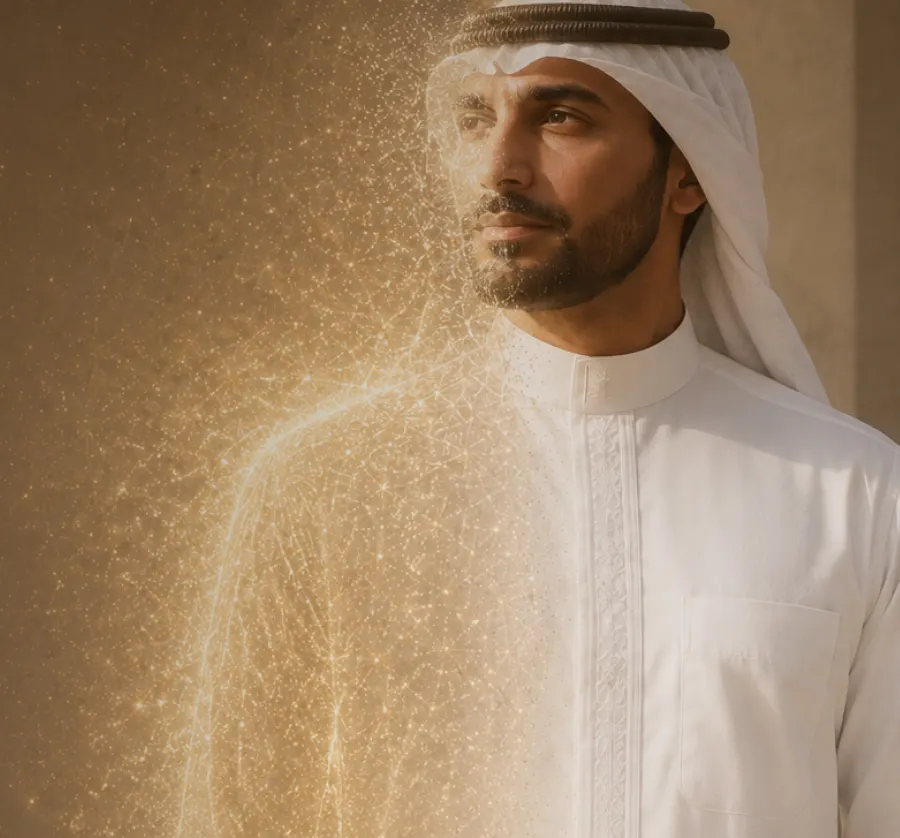 A man in a thobe whose body dissolves into golden particles and turns into a digital twin