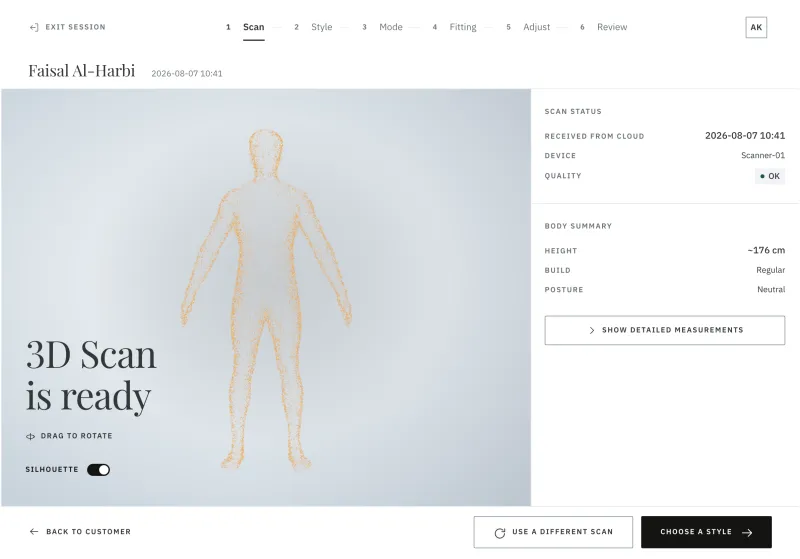 Scan review screen: an abstract dotted silhouette with scan status and body summary
